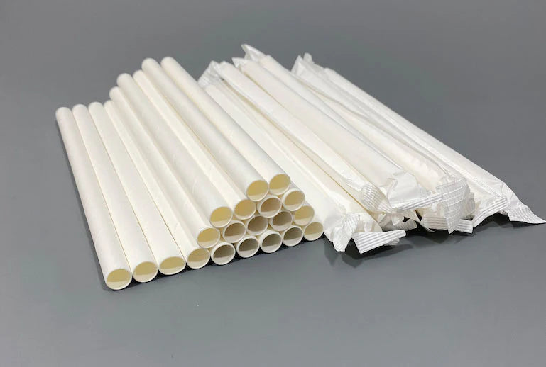 STR-P-8BW | 8" Ind. Wrapped Bubble Tea Straws - Paper - Sharp End - White - 12mm